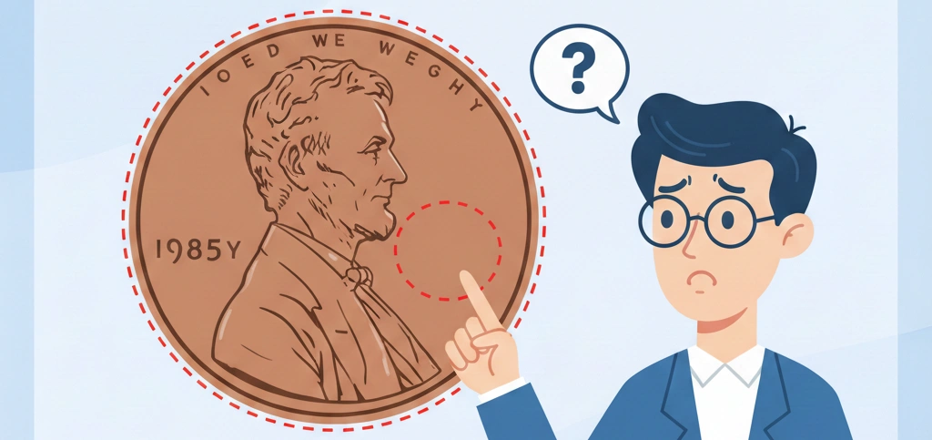 A confused beginner collector holding a 1985 penny without a mint mark