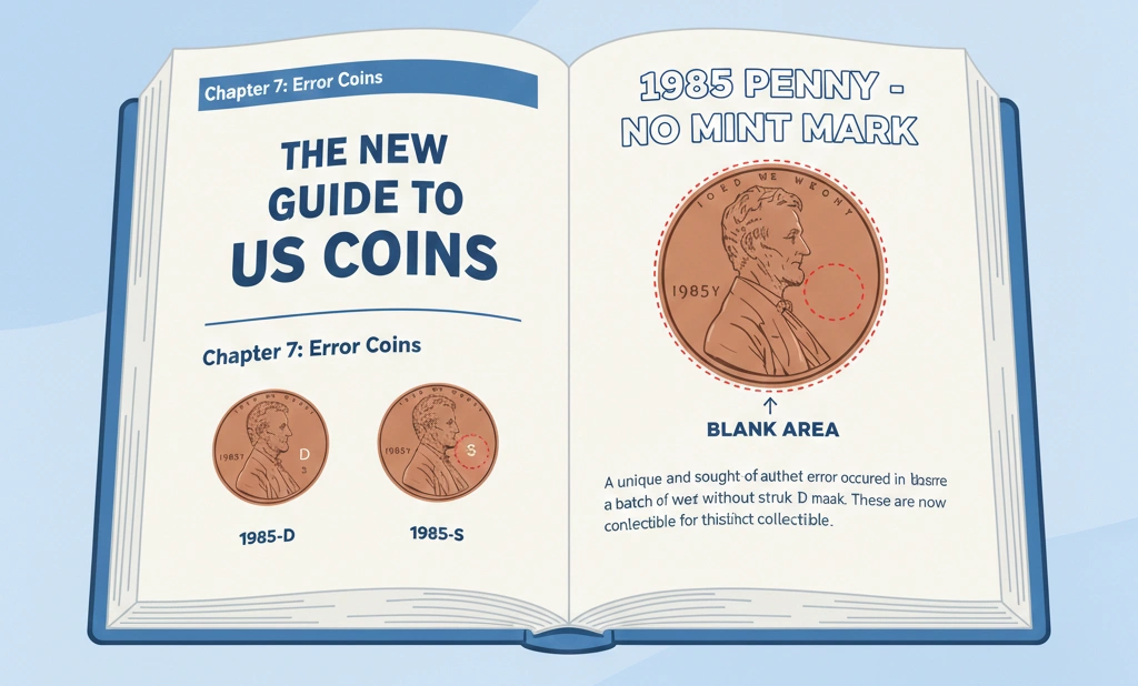 A coin reference book opened to the page about the 1985 penny no mint mark