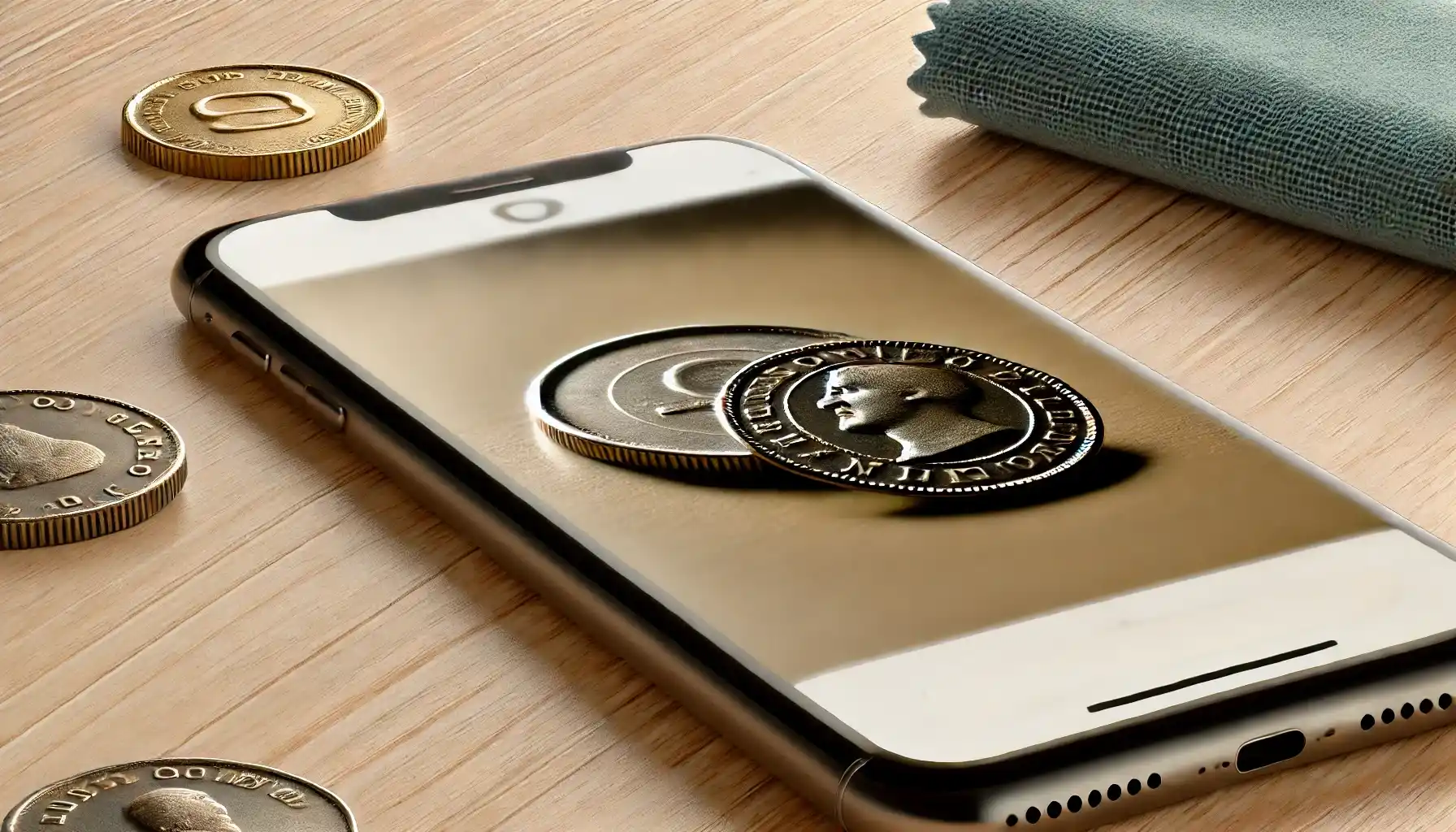 Close-up image of a smartphone displaying a coin identification app, with a vintage coin in focus on the screen.