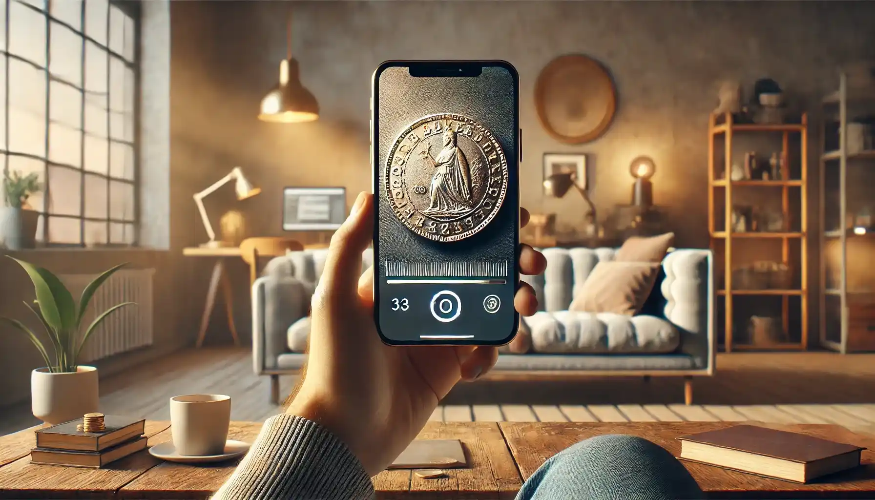A person using a smartphone with a coin identification app, in a modern and cozy interior.