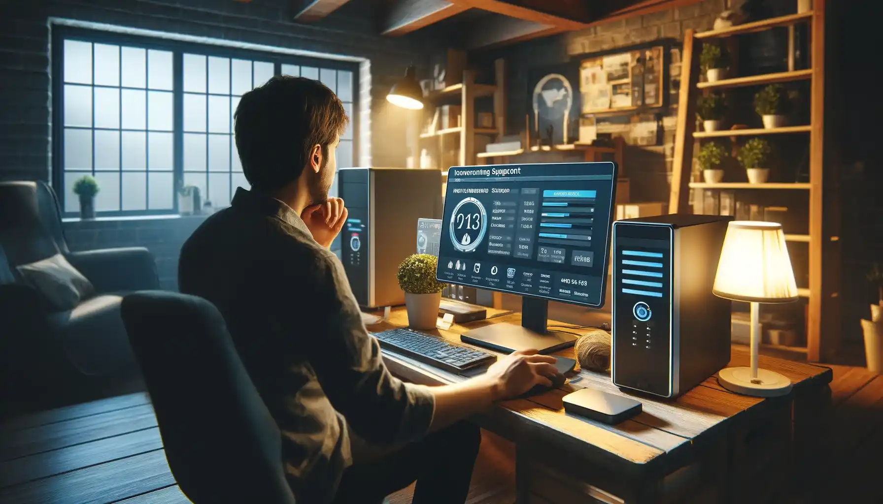 a home office environment with a user accessing technical support remotely for network optimization.