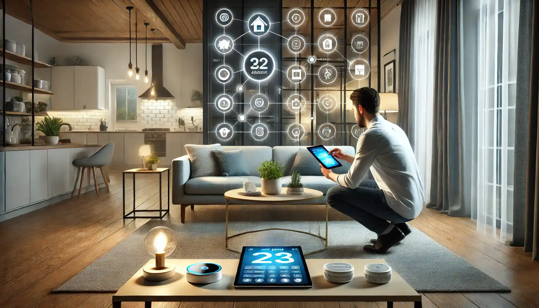 a cozy modern living room with a smart home consultant setting up smart devices.