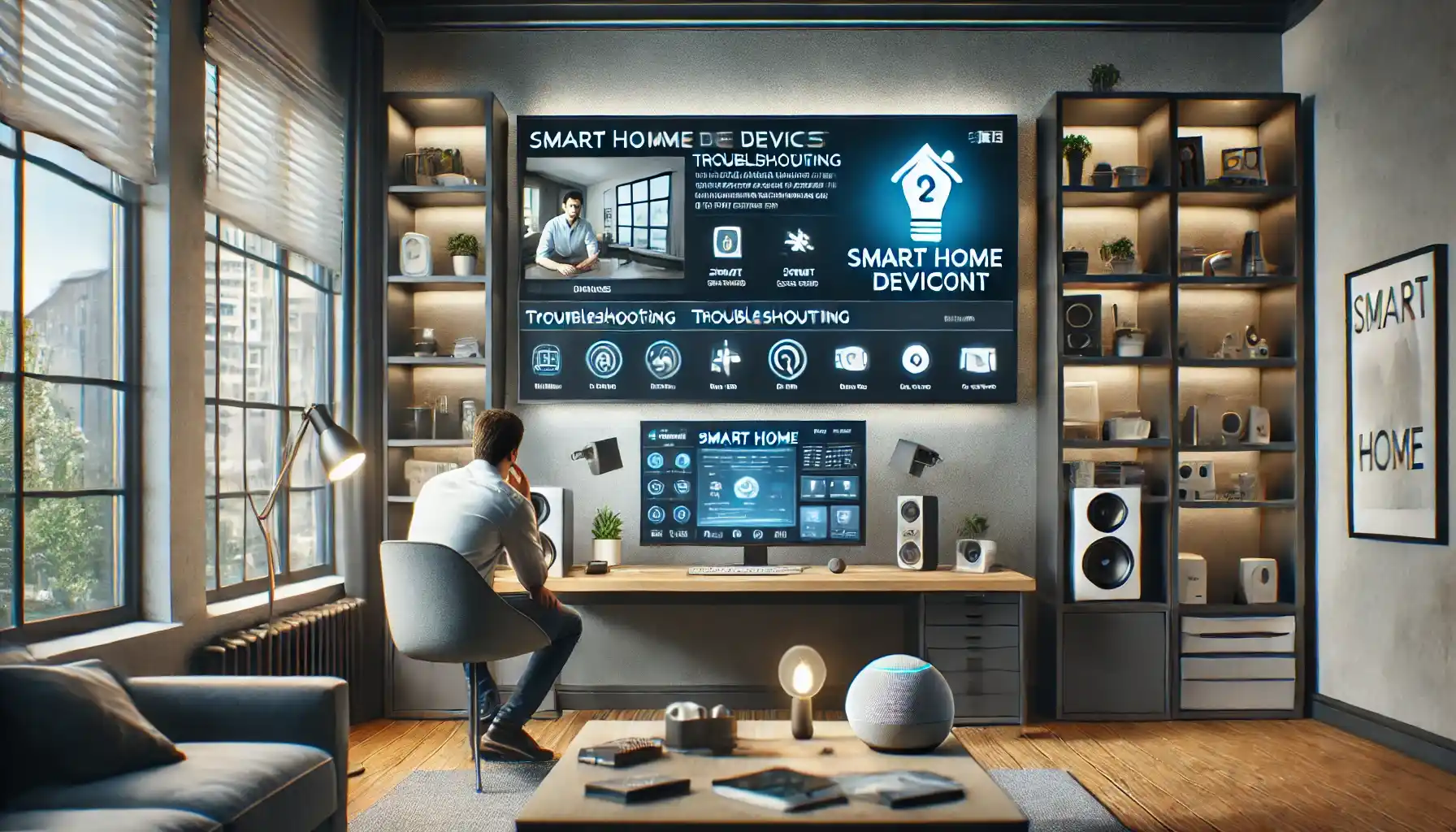 a tech-savvy home office with a smart home consultant providing remote support.