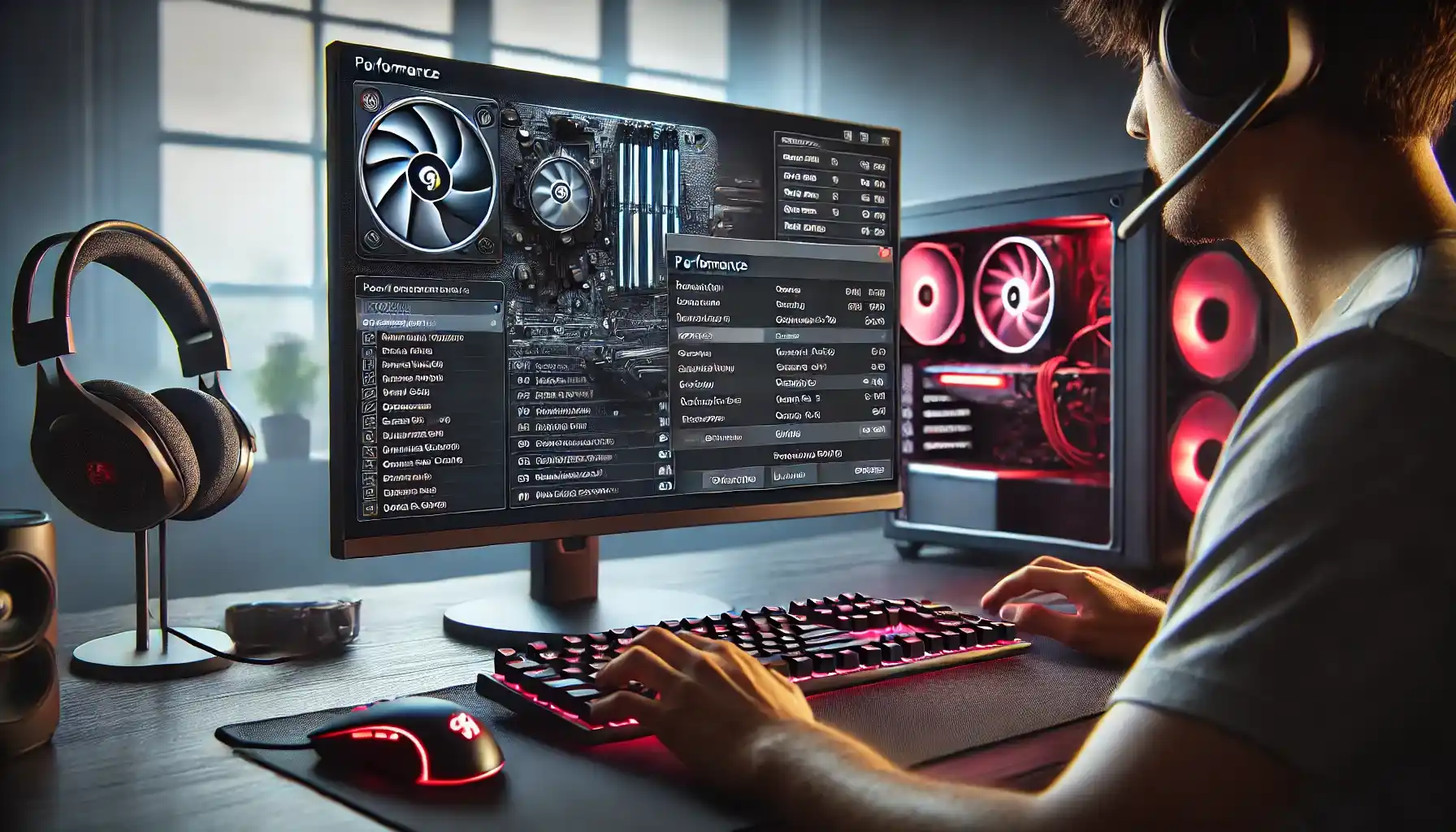 a gaming computer being optimized with open Task Manager showing performance settings, a person adjusting settings on the screen with a gaming mouse, and a well-organized workspace featuring gaming accessories like a headset and keyboard. 