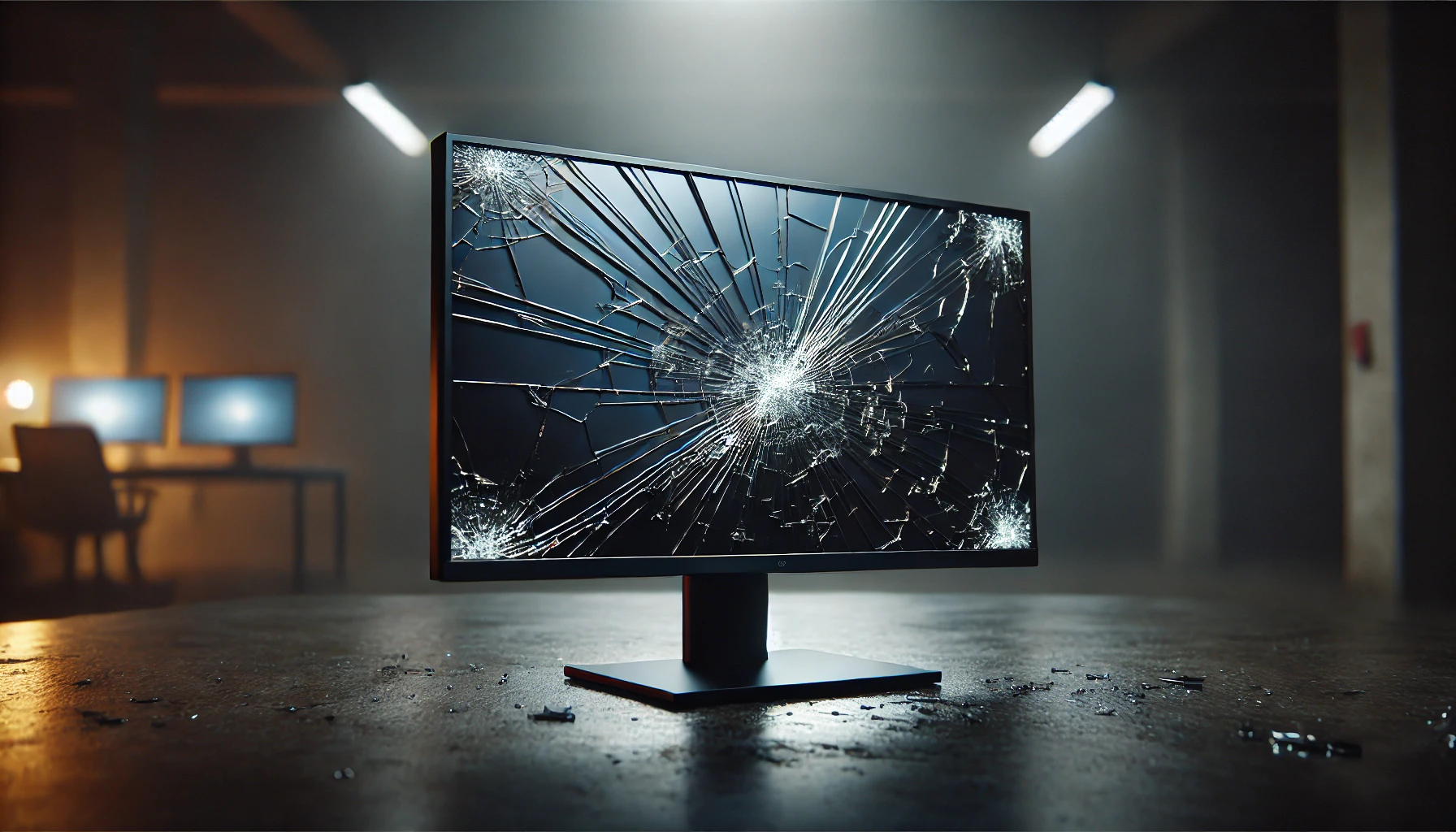 a cracked computer monitor. The screen is visibly shattered, with sharp cracks running across the display. The monitor is in a dimly lit room.