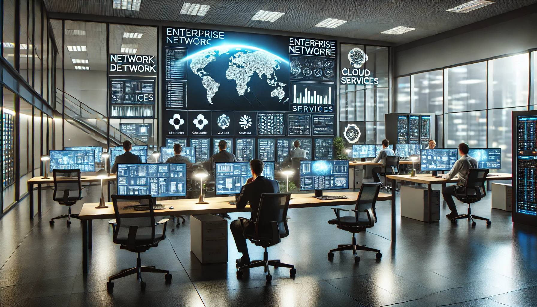 A modern office with a high-tech enterprise network setup.