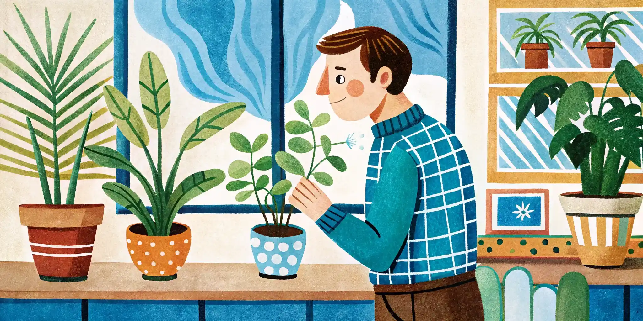 a man is looking at his houseplant