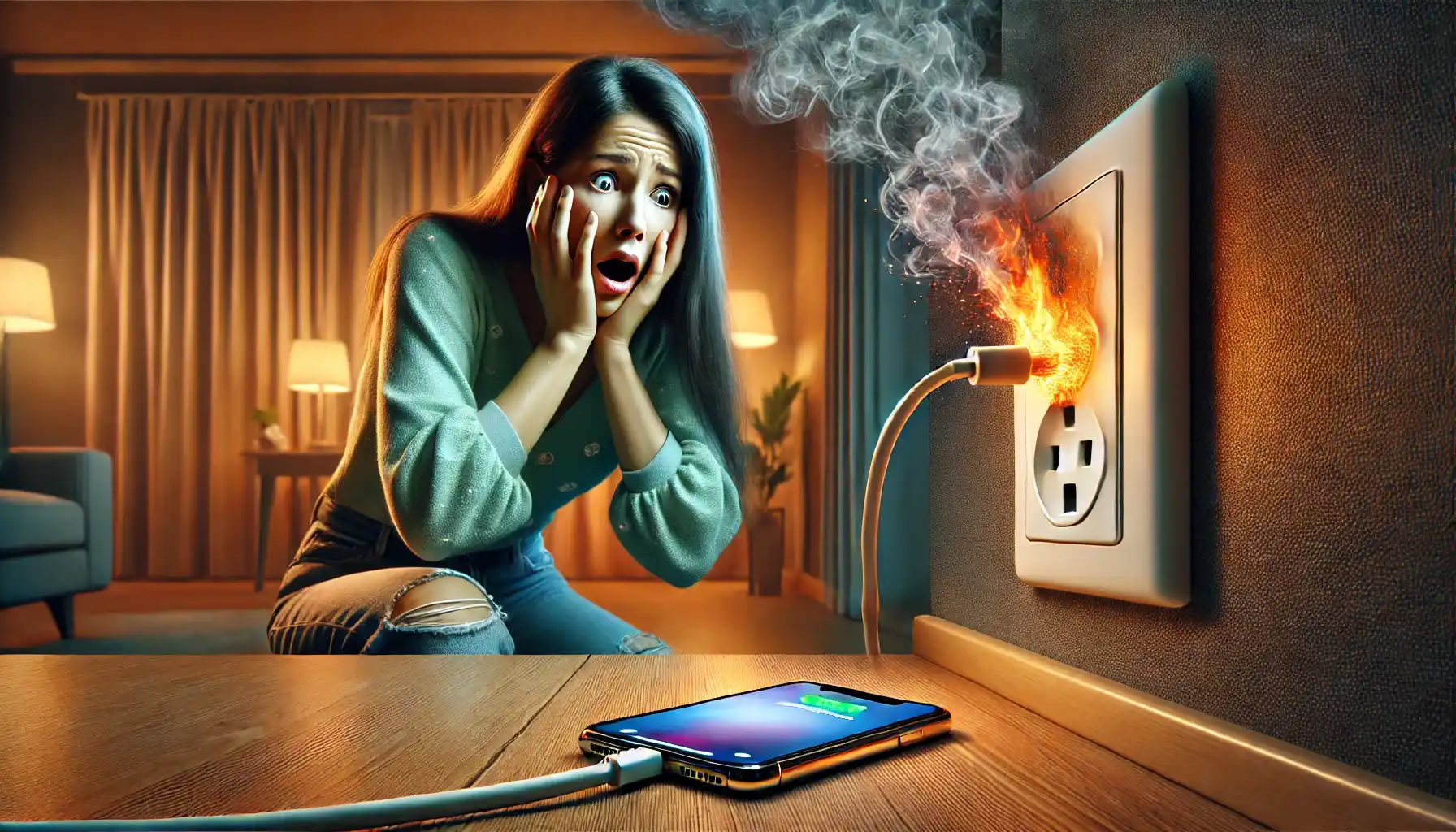 A woman is panicking next to a smartphone, plugged into an electrical outlet and starting to emit smoke and fire.