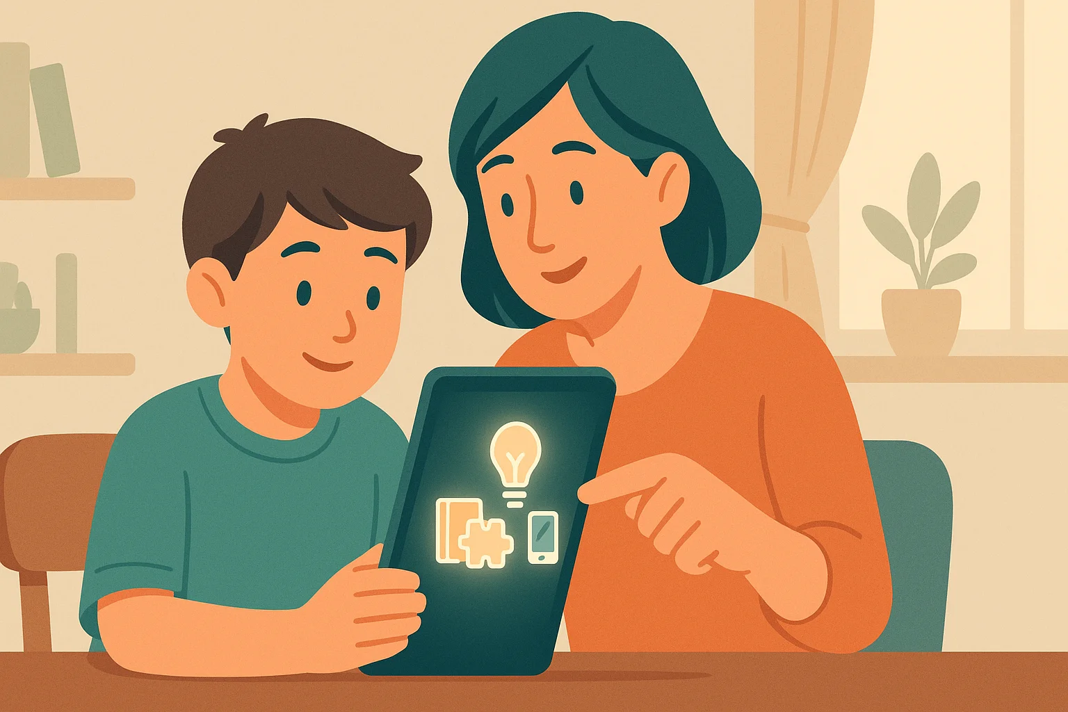 Mom teaches her son to use a touchpad for learning.