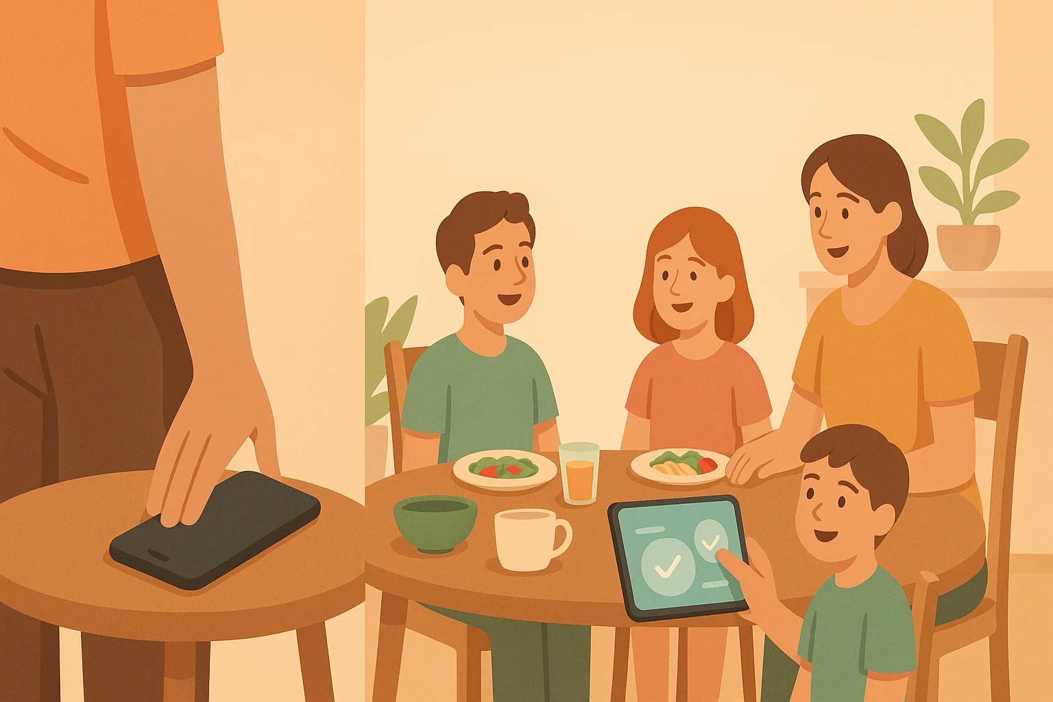 A family puts off gadgets before dinner to set a healthy atmosphere.